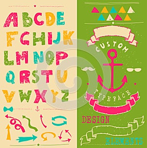 Vintage alphabet. Retro distressed alphabet vector font. Hand drawn letters and numbers.
